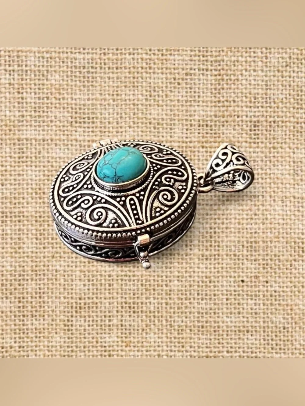 Ornate Vintage Design Turquoise Poison Pill 925 Silver Locket 1.5” Pendant